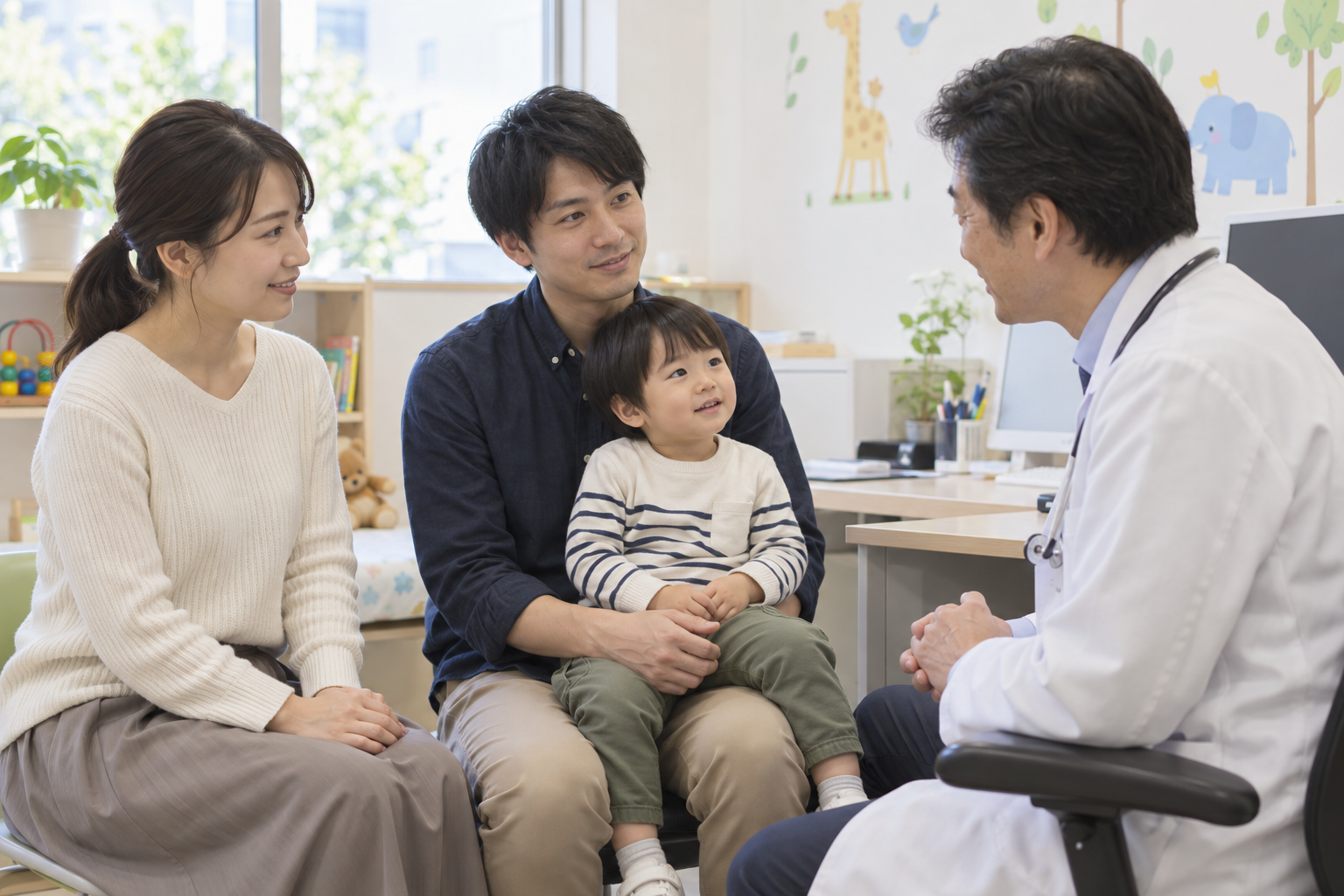 小児科で子どもの様子を相談する両親（AI生成イメージ）