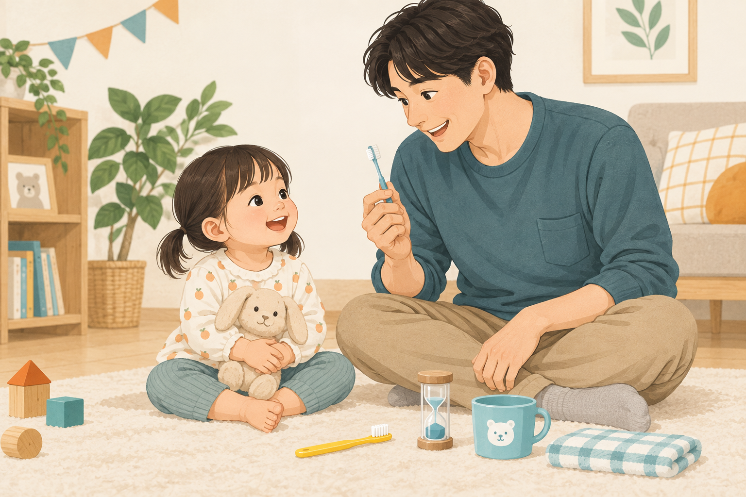 歯ブラシに慣れる時間をつくる父親と幼児（AI生成イメージ）