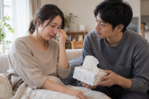 涙ぐむ母親の話を落ち着いて聞くパートナー（AI生成イメージ）