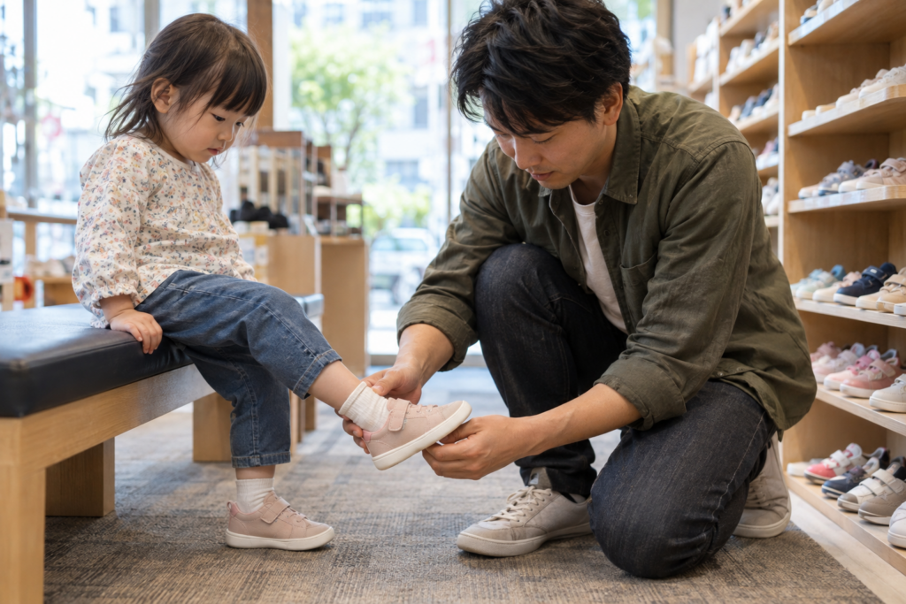店で子どもの靴のフィットを確認する父親（AI生成イメージ）