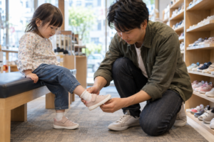 店で子どもの靴のフィットを確認する父親（AI生成イメージ）