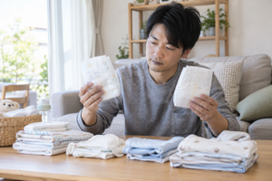 おむつの大きさと形を確認する父親（AI生成イメージ）