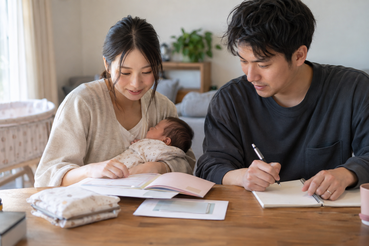 産婦健診の質問メモを準備する両親(AI生成イメージ)