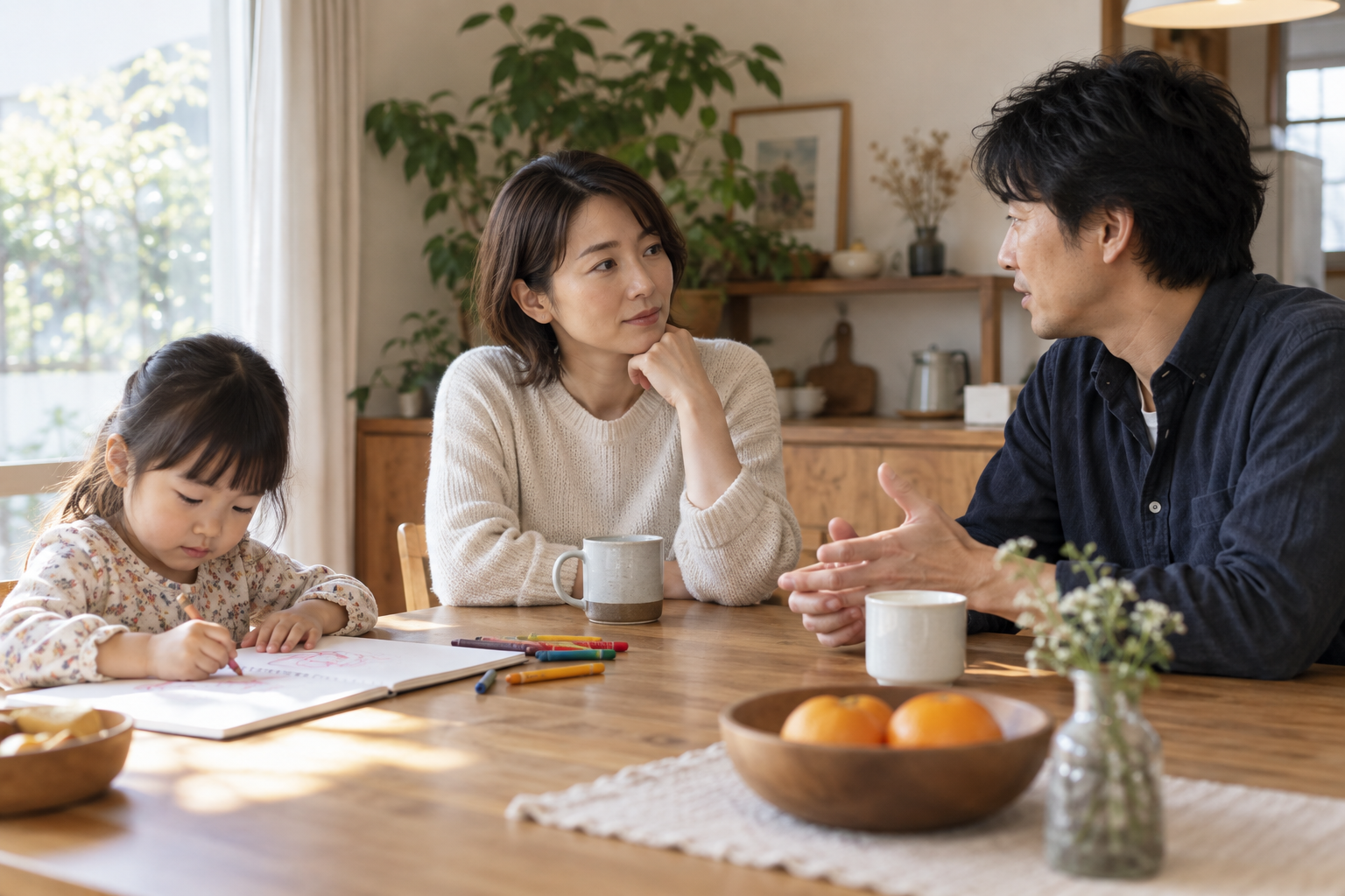 子どものそばで落ち着いて話し合う両親（AI生成イメージ）