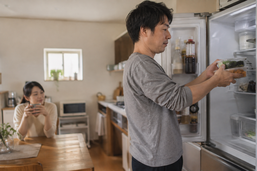 退院後に備えて食事を準備する父親（AI生成イメージ）