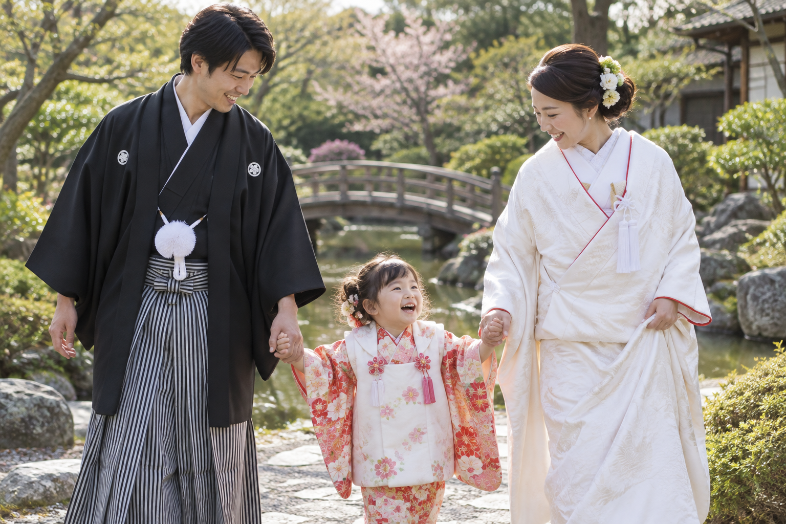 子どもと手をつないで歩く結婚式の家族(AI生成イメージ)