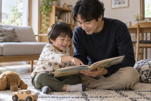 父親が幼い子どもと目線を合わせて話す日常（AI生成イメージ）