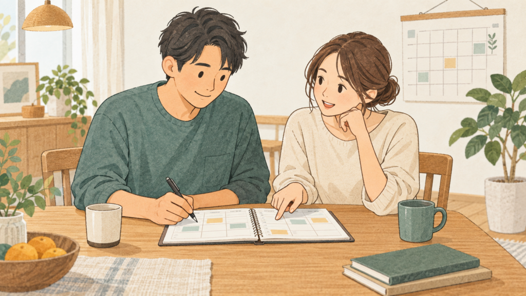 予定表を見ながら家事と育児の分担を話し合う夫婦のイラスト
