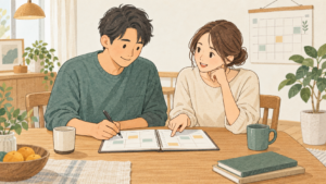 予定表を見ながら家事と育児の分担を話し合う夫婦のイラスト