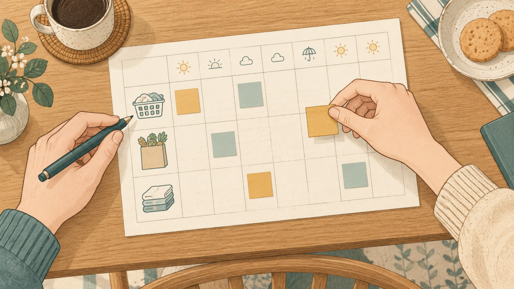 家事の予定表に二人で付箋を置き、分担を決めるイラスト