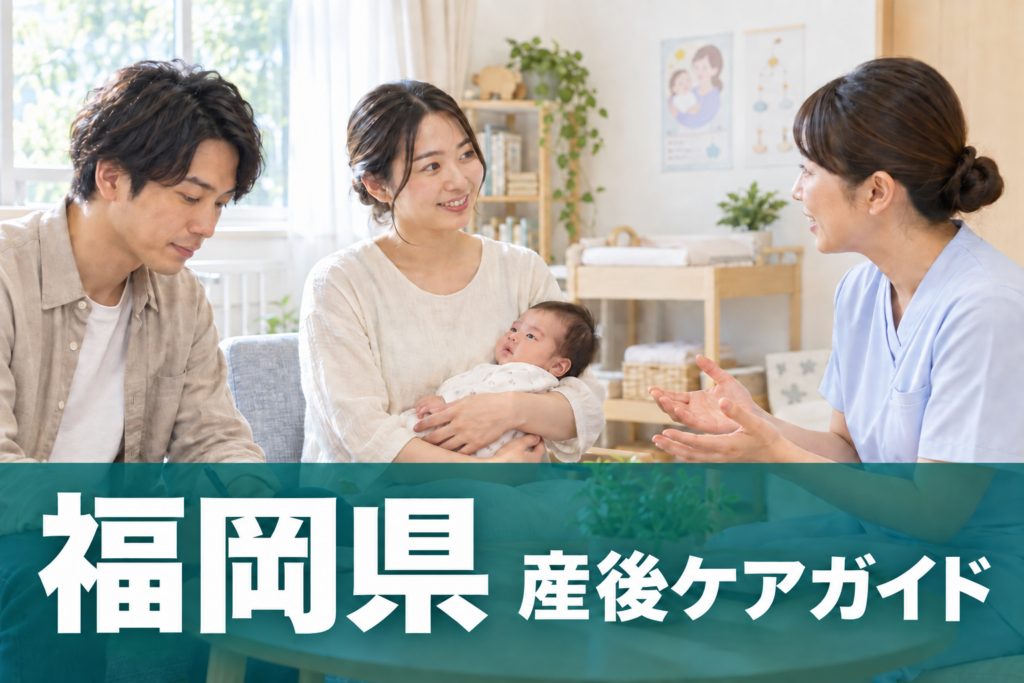 福岡県 産後ケアガイド。両親と赤ちゃんが助産師に相談するイメージ