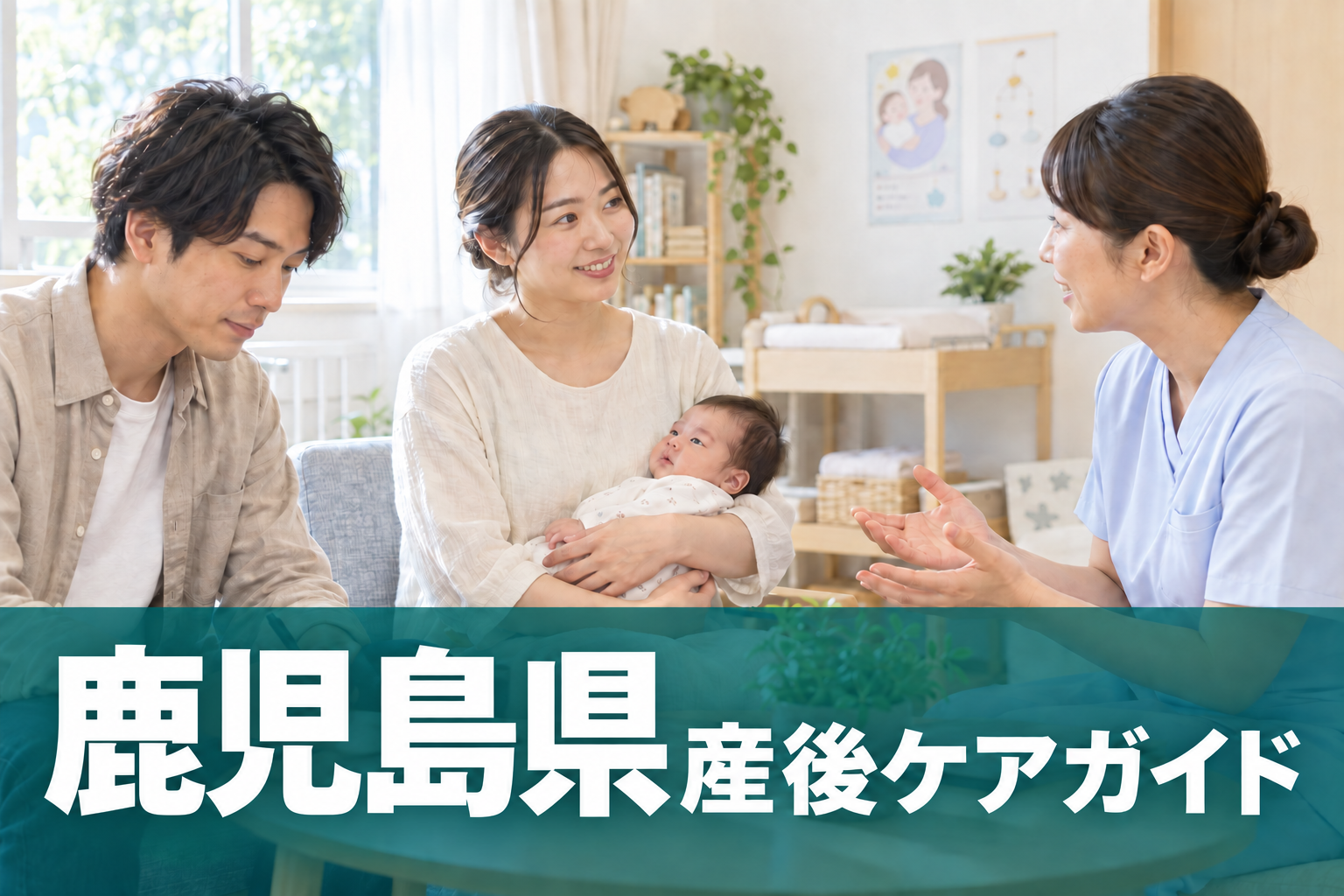 鹿児島県 産後ケアガイド。両親と赤ちゃんが助産師に相談するイメージ