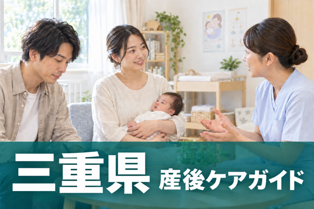 三重県 産後ケアガイド。両親と赤ちゃんが助産師に相談するイメージ