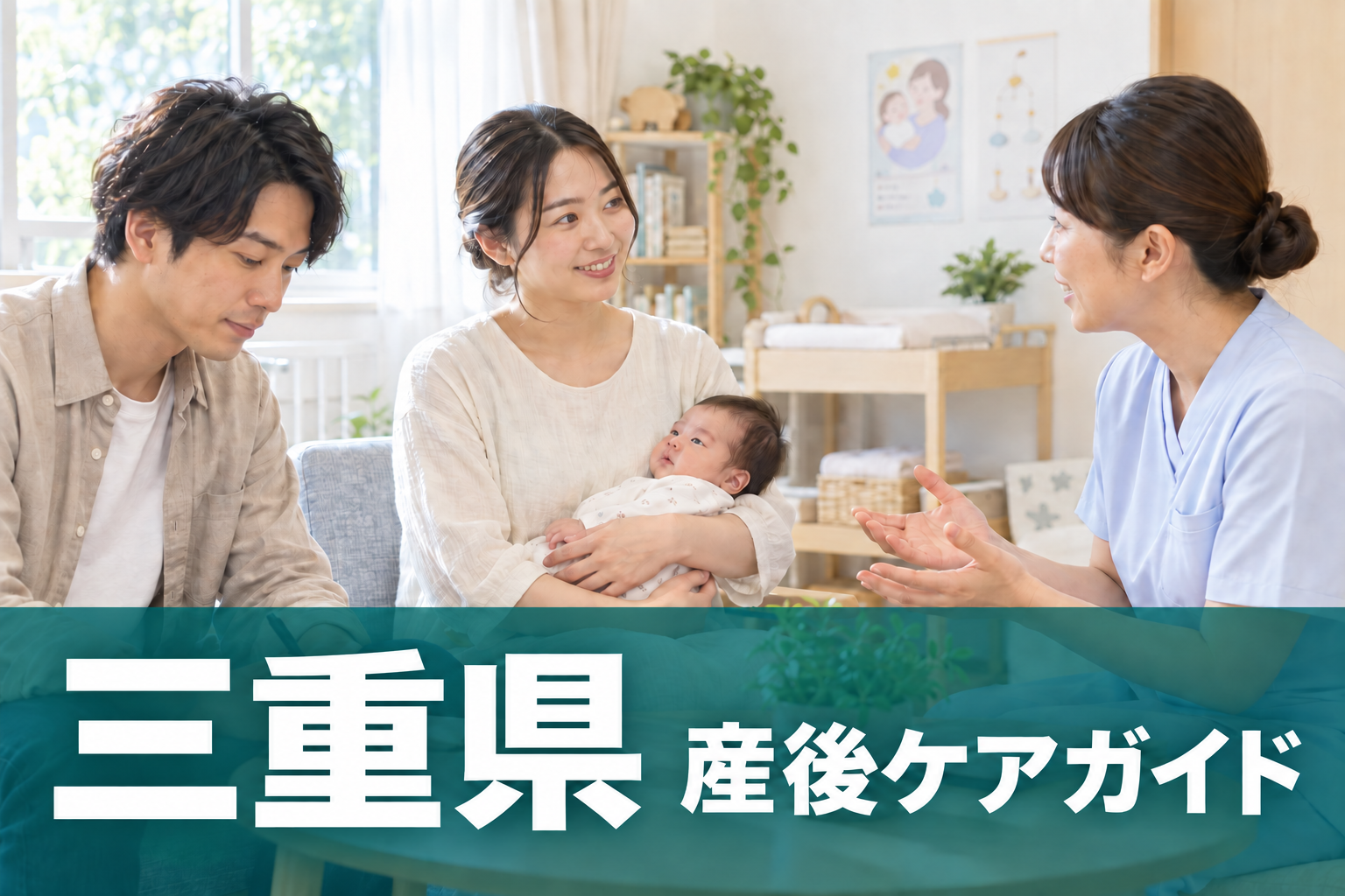 三重県 産後ケアガイド。両親と赤ちゃんが助産師に相談するイメージ