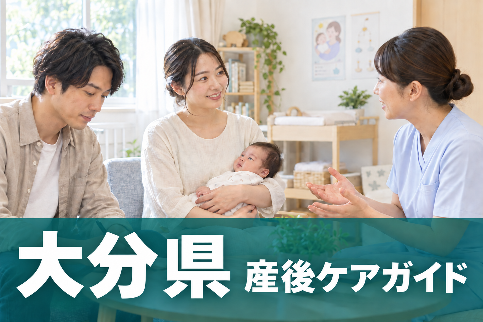大分県 産後ケアガイド。両親と赤ちゃんが助産師に相談するイメージ