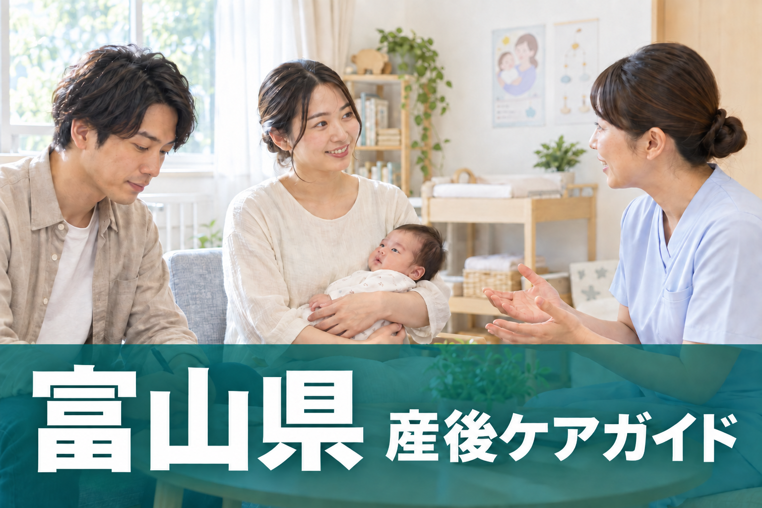 富山県 産後ケアガイド。両親と赤ちゃんが助産師に相談するイメージ