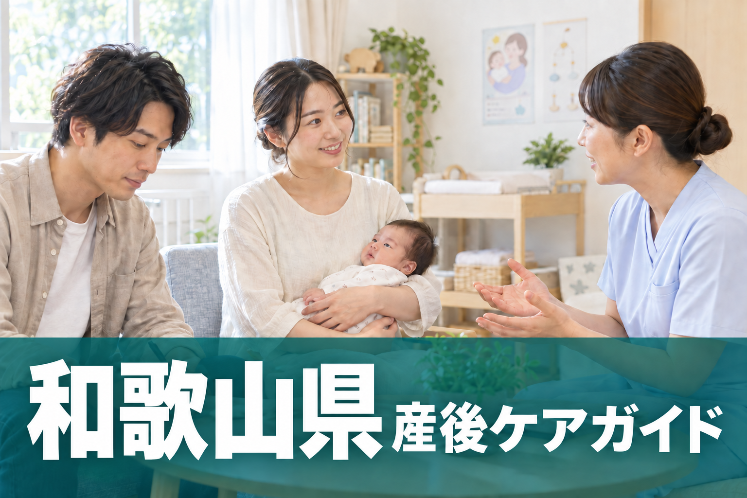 和歌山県 産後ケアガイド。両親と赤ちゃんが助産師に相談するイメージ
