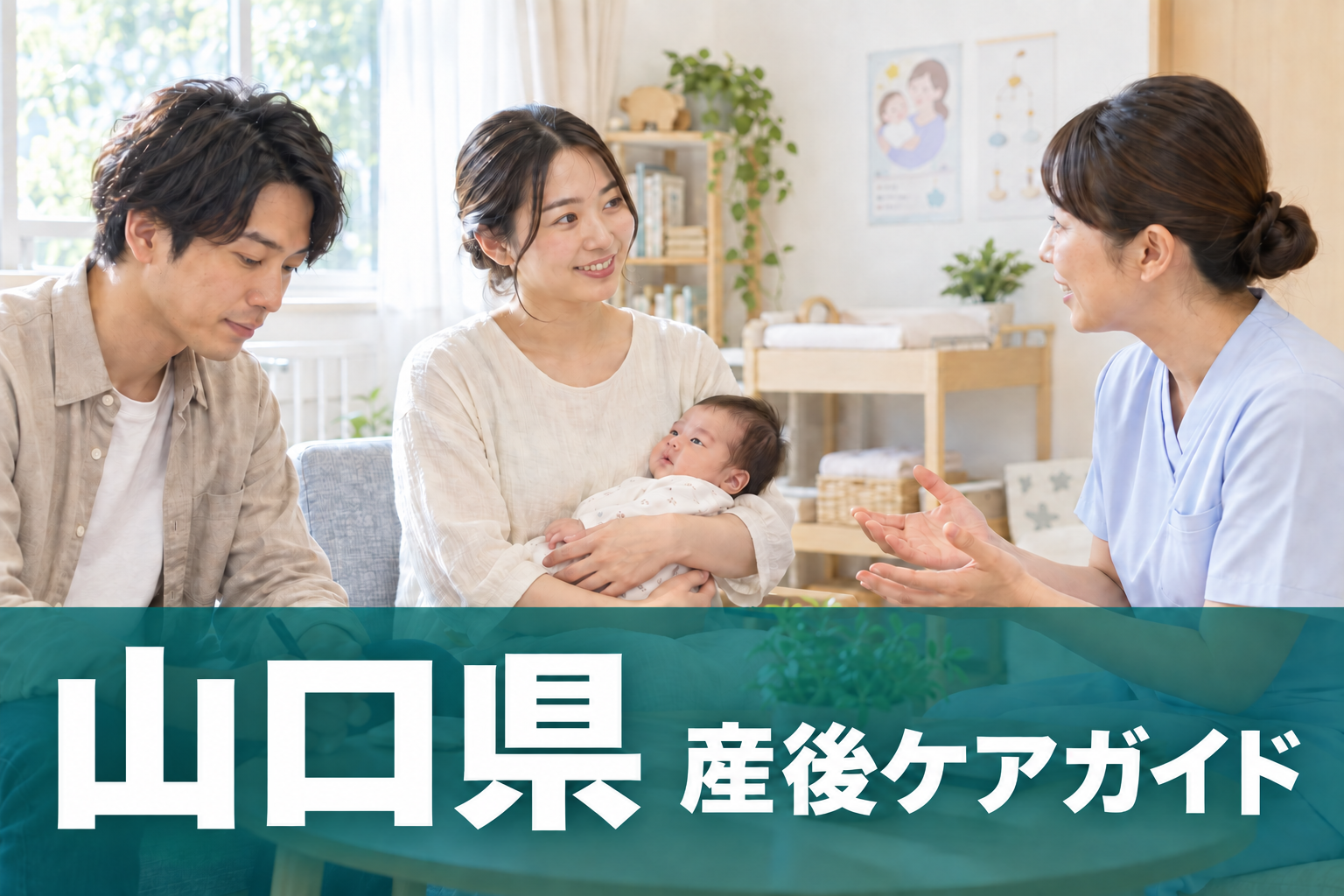 山口県 産後ケアガイド。両親と赤ちゃんが助産師に相談するイメージ