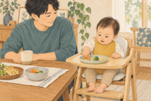 父親が赤ちゃんの手づかみ食べをそばで見守るイラスト