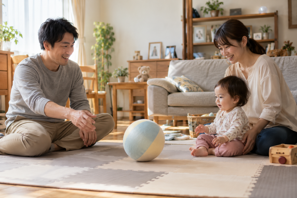 母親のそばにいる幼児とボールで遊ぶ父親
