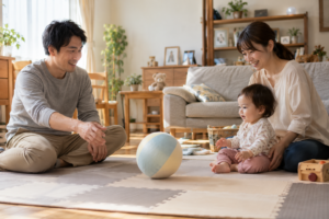 母親のそばにいる幼児とボールで遊ぶ父親