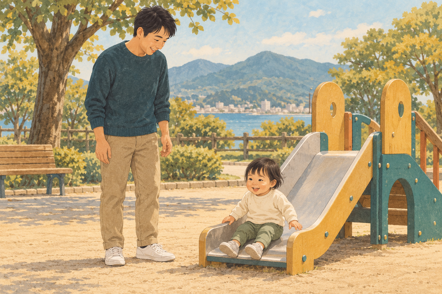幼児の滑り台遊びをそばで見守る父親のイラスト