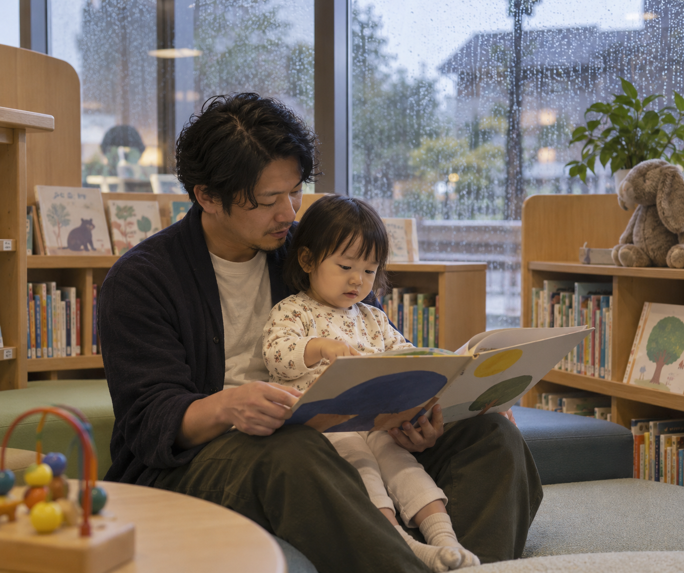 雨の日に図書館で絵本を読む父親と幼児