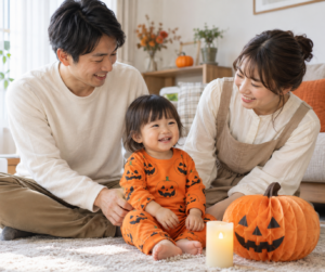 かぼちゃの飾りと家族で楽しむ幼児のハロウィン