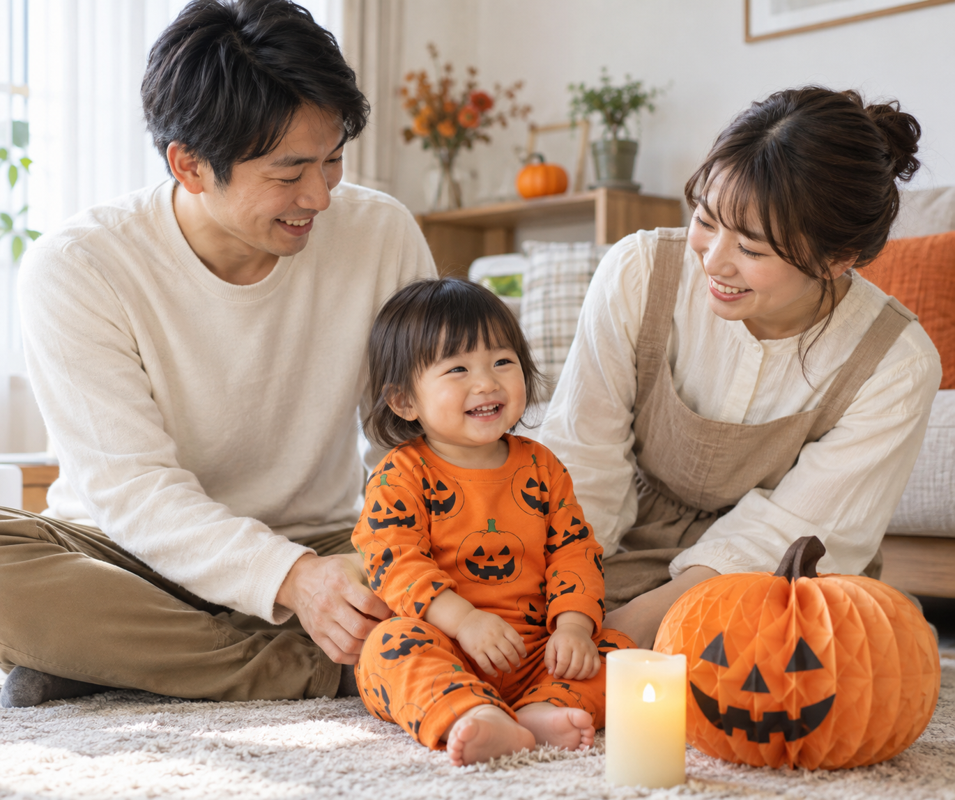 かぼちゃの飾りと家族で楽しむ幼児のハロウィン