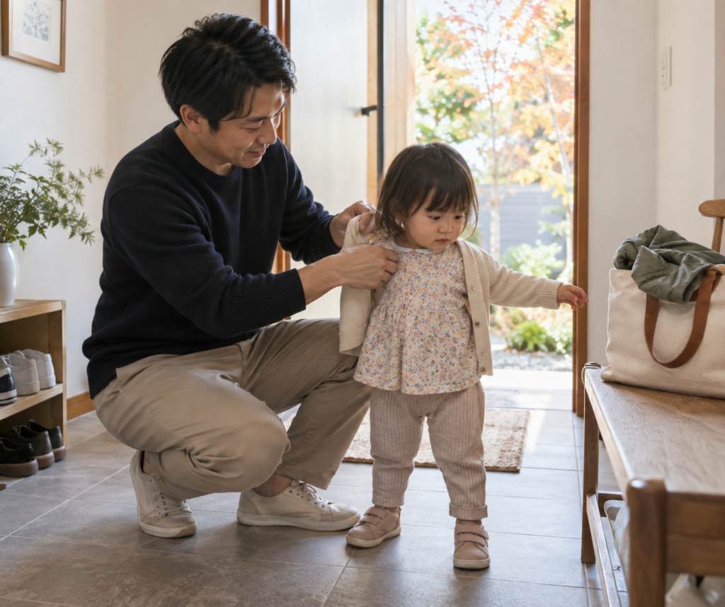 秋のお出かけ前に幼児の上着を整える父親